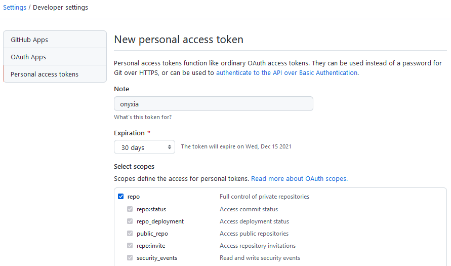 Configuration recommandée pour la génération d'un jeton d'accès GitHub