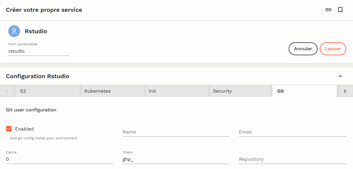Configuration de Git à l'ouverture d'un service